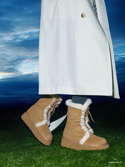 Faux Suede & Faux Fur Foldover Flatform Boots, Sand, hi-res