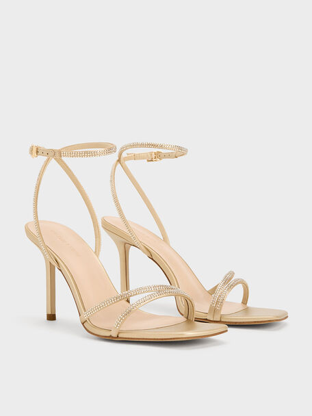 Satin Crystal-Embellished Stiletto-Heel Sandals, Gold, hi-res