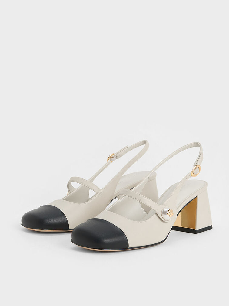 Chalk Pearl Embellished Trapeze-Heel Slingback Pumps - CHARLES & KEITH MY
