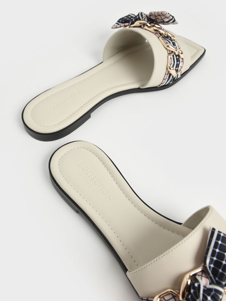 Printed Fabric Scarf Leather Slide Sandals, Chalk, hi-res