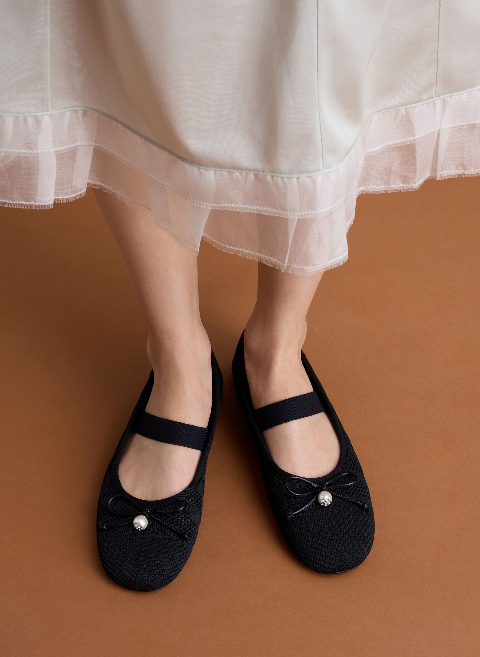 Knitted Pearl-Accent Bow Ballet Flats, Black Textured, hi-res