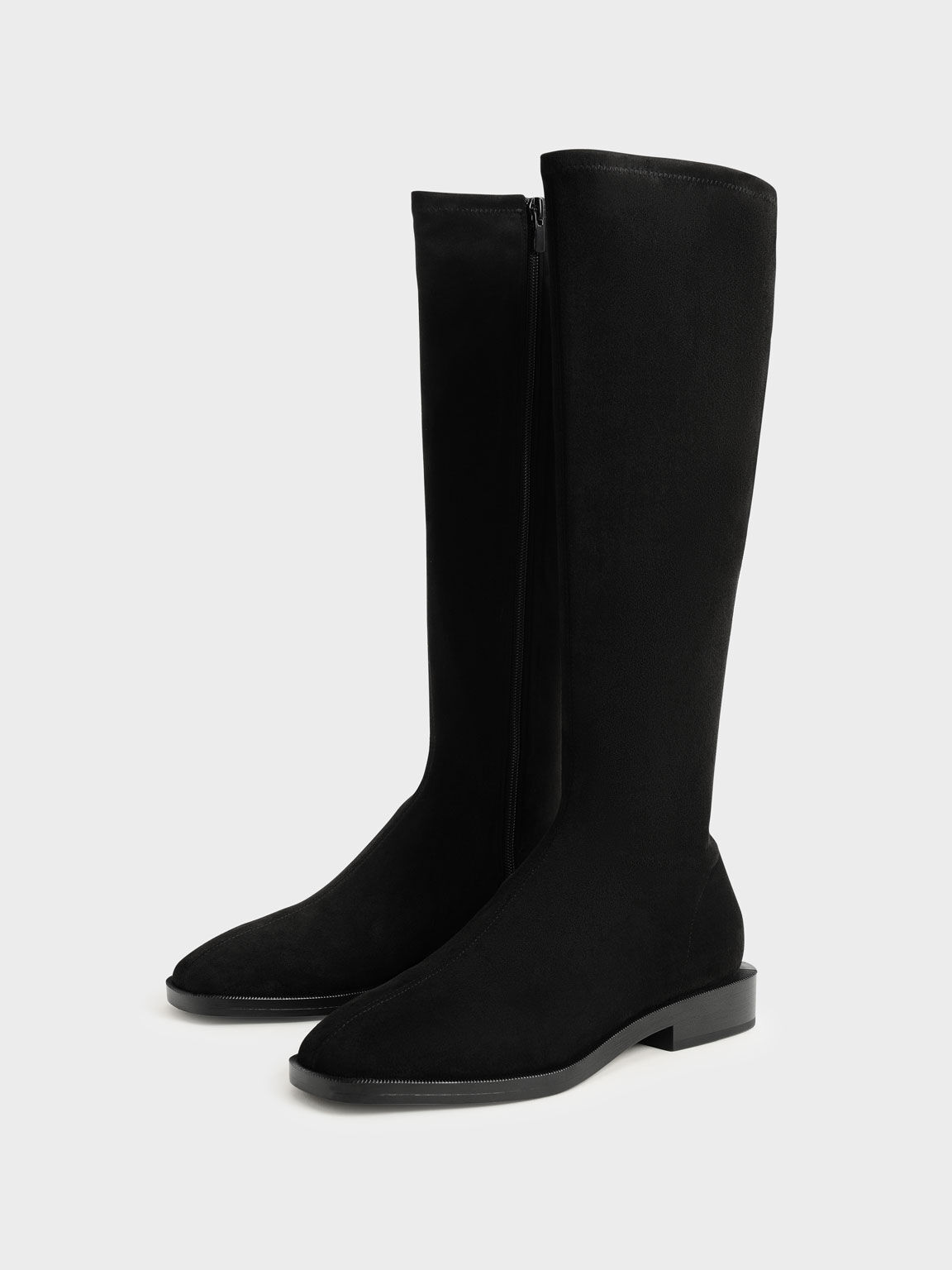 Textured Knee High Flat Boots, Black Textured, hi-res