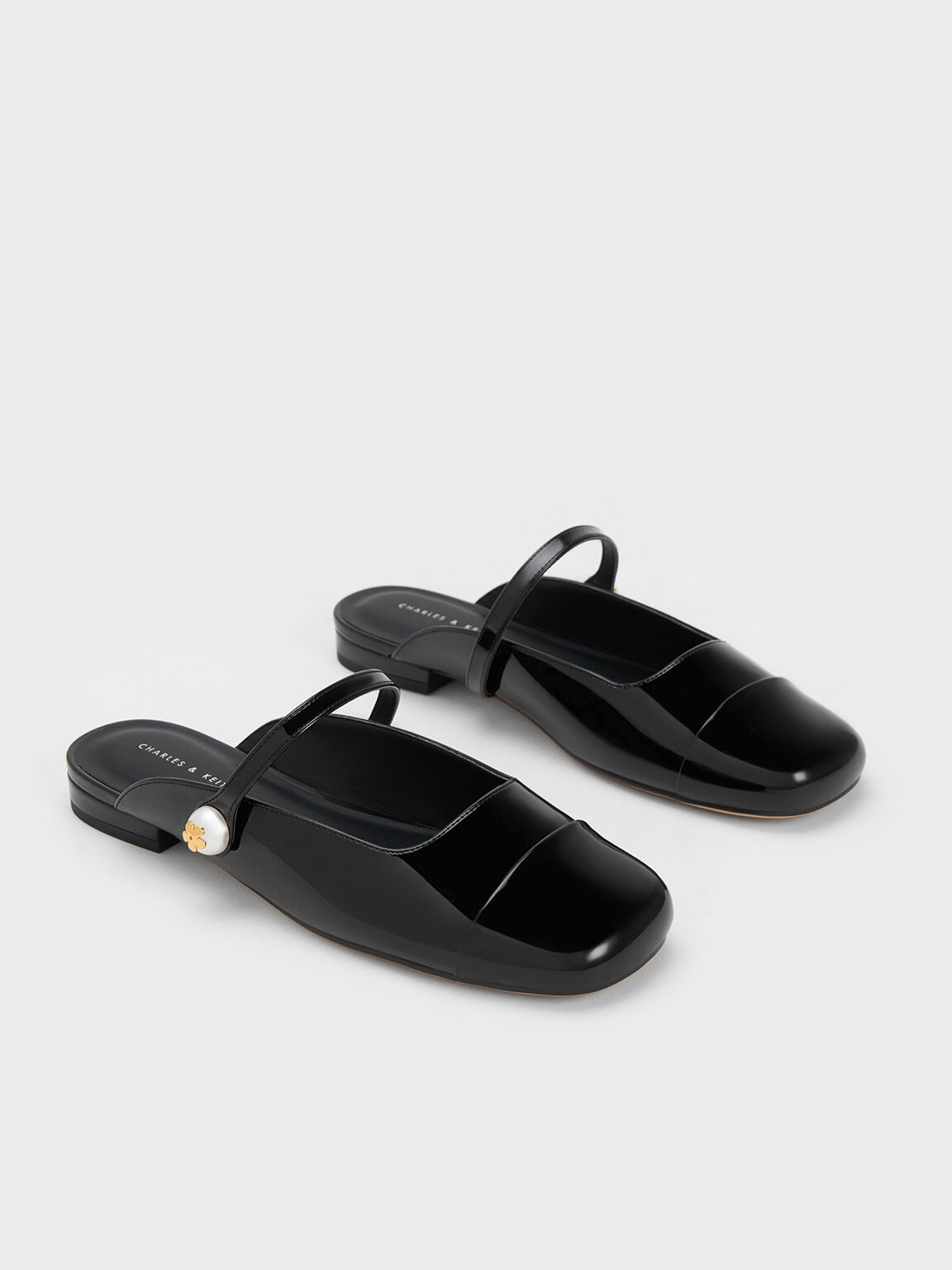 Pearl Embellished Patent Flat Mules, Black Patent, hi-res