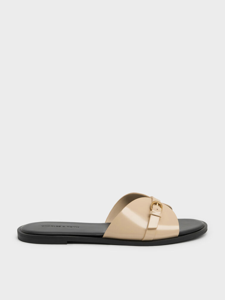 Buckled-Strap Slide Sandals, Beige, hi-res