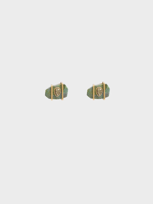 Chrysocolla & Pyrite Gemstone Teardrop Stud Earrings, Turquoise, hi-res
