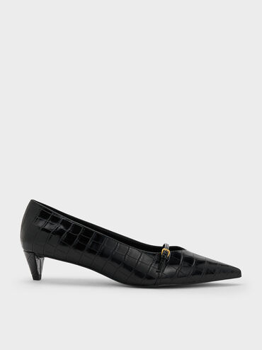 Croc-Effect Buckled Pointed-Toe Kitten-Heel Pumps, Animal Print Black, hi-res