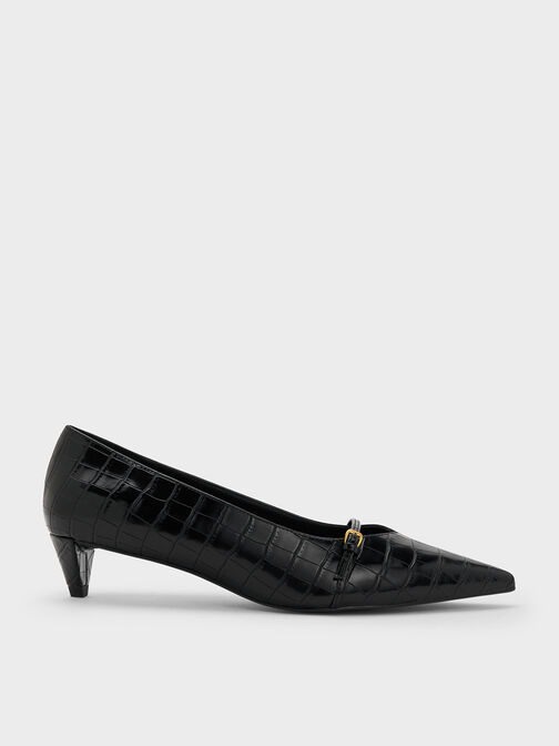 Croc-Effect Buckled Pointed-Toe Kitten-Heel Pumps, Animal Print Black, hi-res