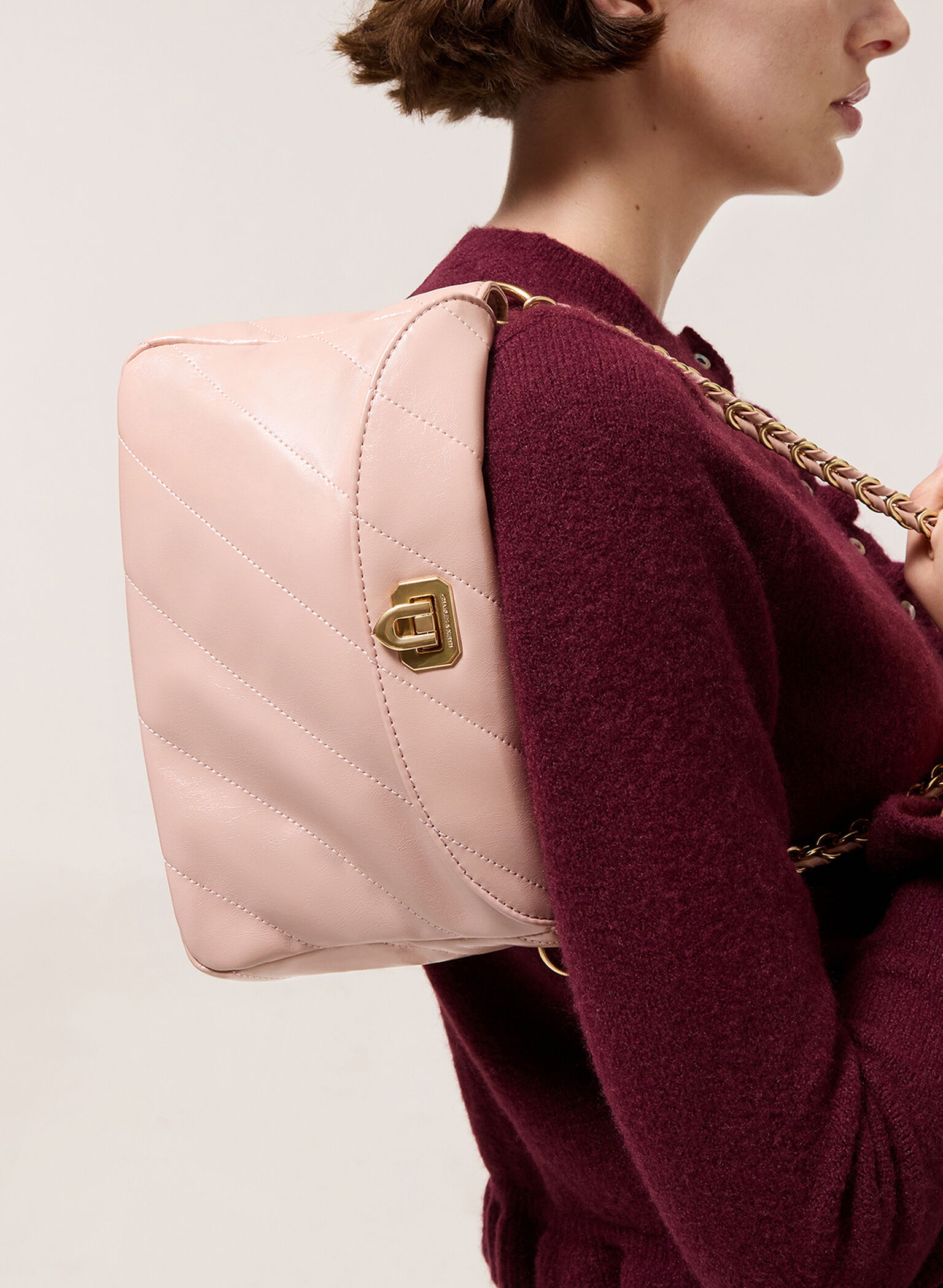 Fawn Panelled Front Flap Chain-Handle Bag, Rosa pálido, hi-res