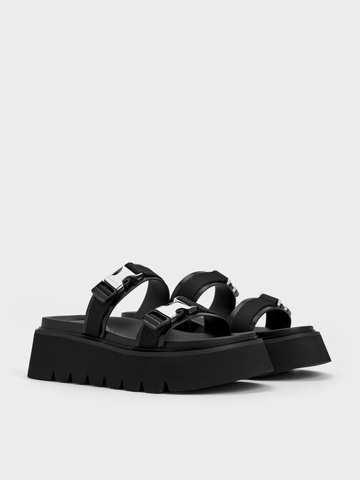 Laine Metallic-Buckle Flatform Sandals, Black, hi-res