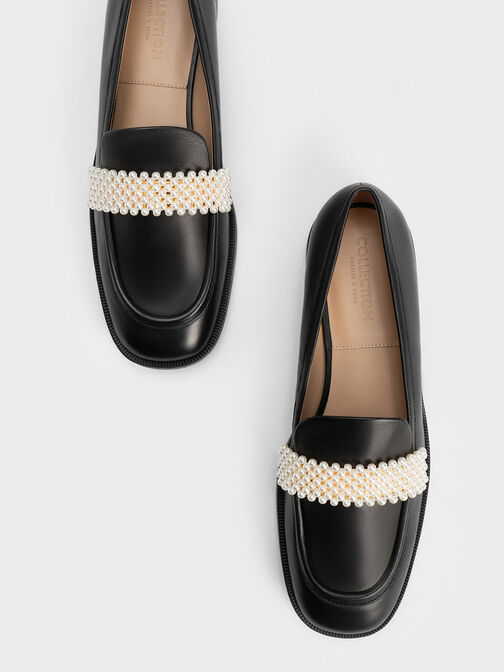 真皮珍珠釦樂福鞋, 黑色, hi-res