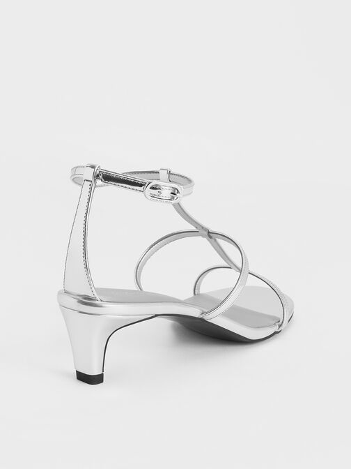 Metallic T-Bar Kitten-Heel Ankle-Strap Sandals, Silver, hi-res