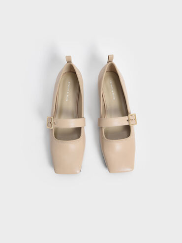 Square Toe Mary Jane Flats, Beige, hi-res