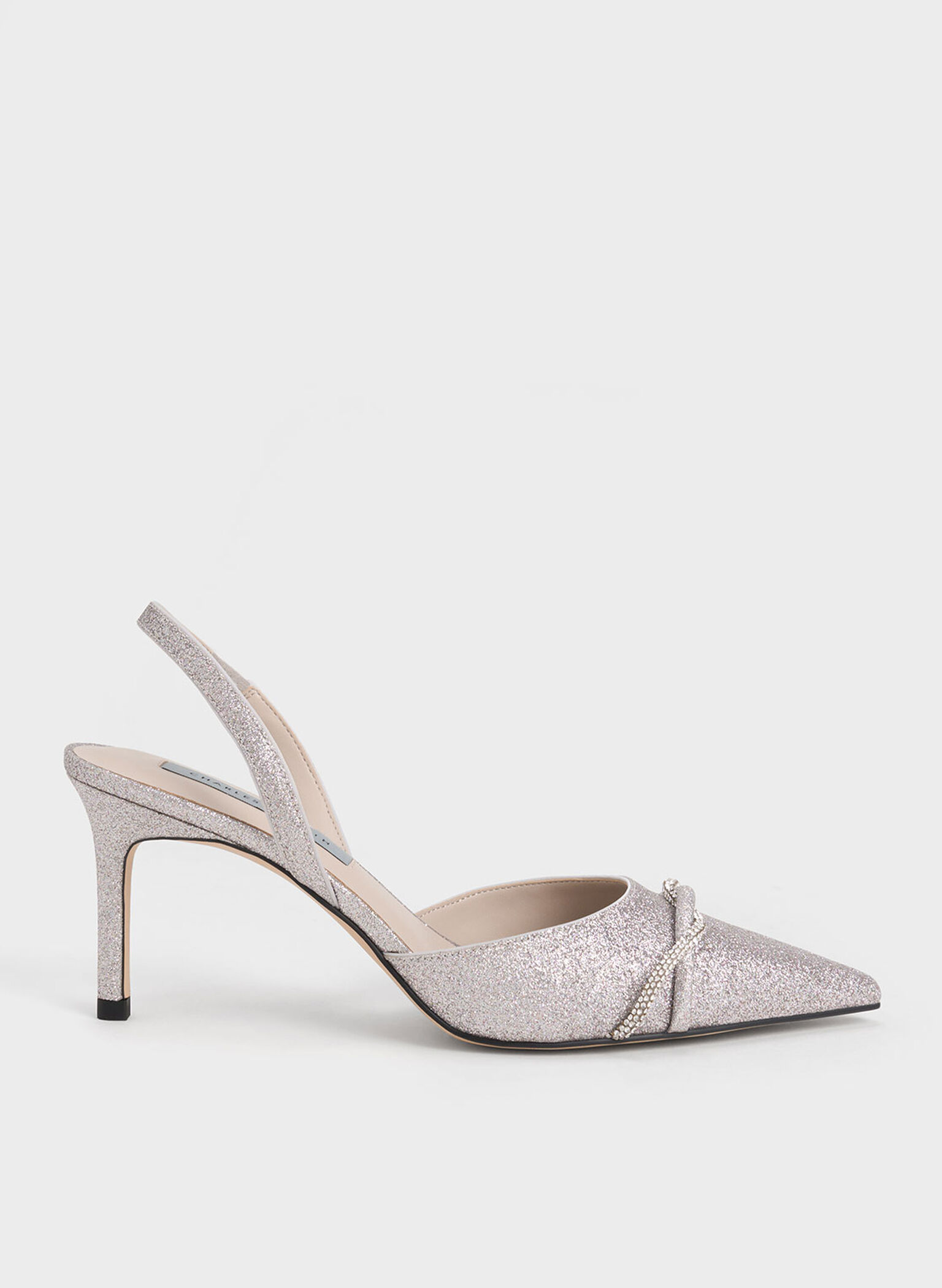 Twist Detail Glittered Slingback Pumps, Silver, hi-res