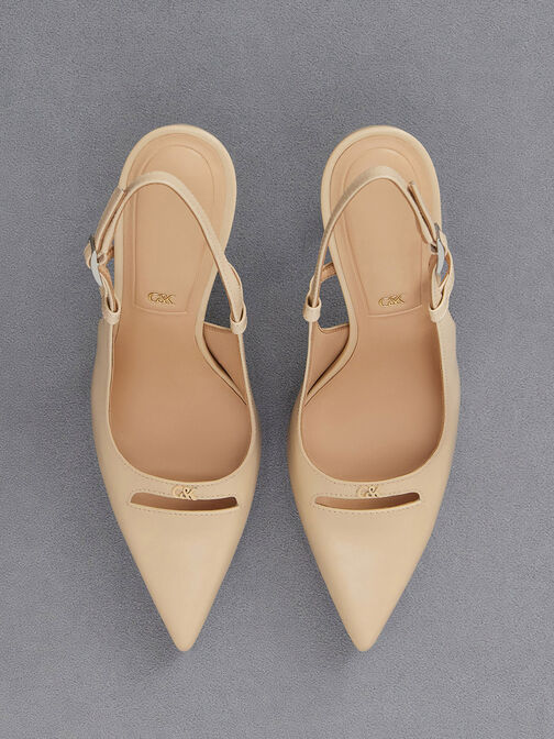 Leather Pointed-Toe Slingback Pumps, Beige, hi-res