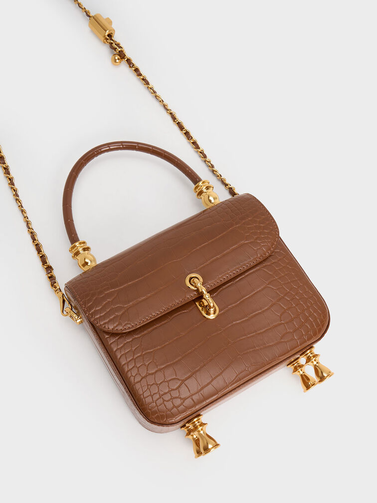 Meriah Croc-Embossed Top Handle Bag, Chocolate, hi-res