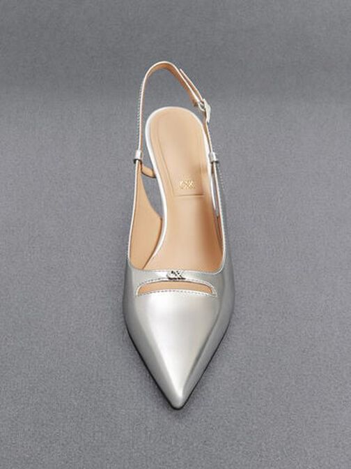 Metallic Leather Pointed-Toe Slingback Pumps, Silver, hi-res