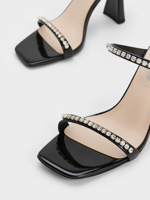 Patent Gem-Encrusted Heeled Sandals, Black Patent, hi-res