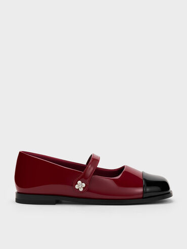 Girls' Patent Cap-Toe Mary Janes, Maroon, hi-res