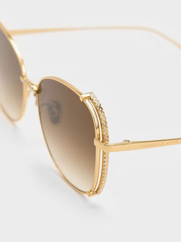 Embellished Half-Frame Butterfly Sunglasses, Gold, hi-res
