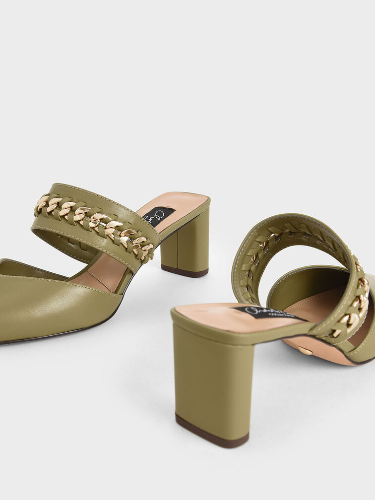 Leather Chain-Link Mules, Military Green, hi-res