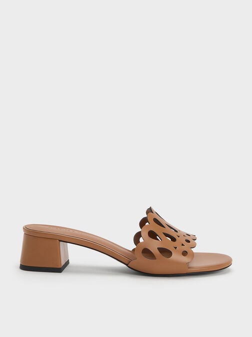 Cut-Out Block-Heel Mules, Cognac, hi-res