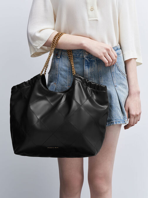 Bolso tote de asa trenzada, Negro, hi-res