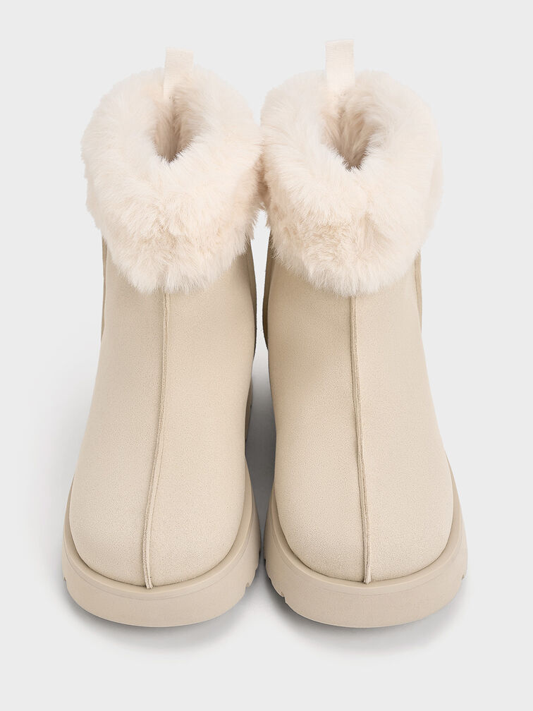 Girls' Faux Suede Fur-Trim Ankle Boots, Beige, hi-res