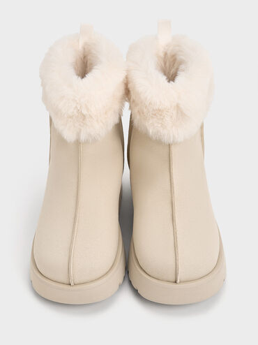 Girls' Faux Suede Fur-Trim Ankle Boots, Beige, hi-res