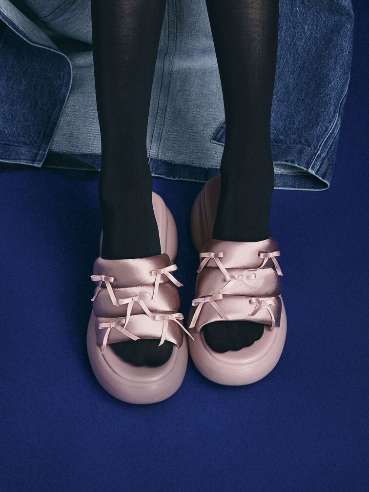 Recycled Polyester Bow Puffy Sports Sandals, Pink, hi-res