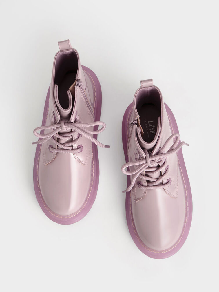 Girls' Patent Lace-Up Boots, Lilac, hi-res