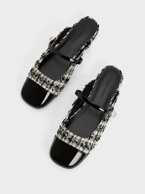 Tweed Pearl Embellished Flat Mules, Black Textured, hi-res