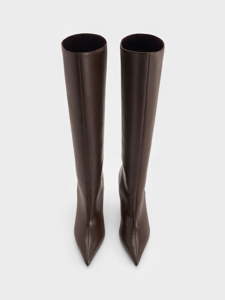 Botas hasta la rodilla con tacón de aguja y punta puntiaguda, Marrón oscuro, hi-res