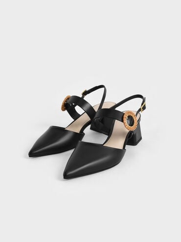 Zapatos de Tacón Destalonados con Hebilla Tejida, Negro, hi-res