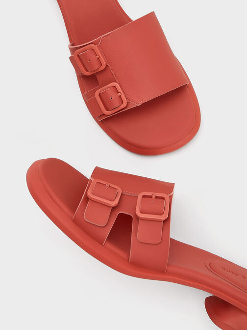 Double Buckle Sculptural Mules, Orange, hi-res