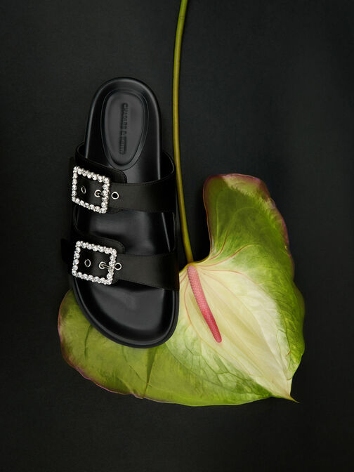 Recycled Polyester Gem-Buckle Double-Strap Sandals, Black Textured, hi-res