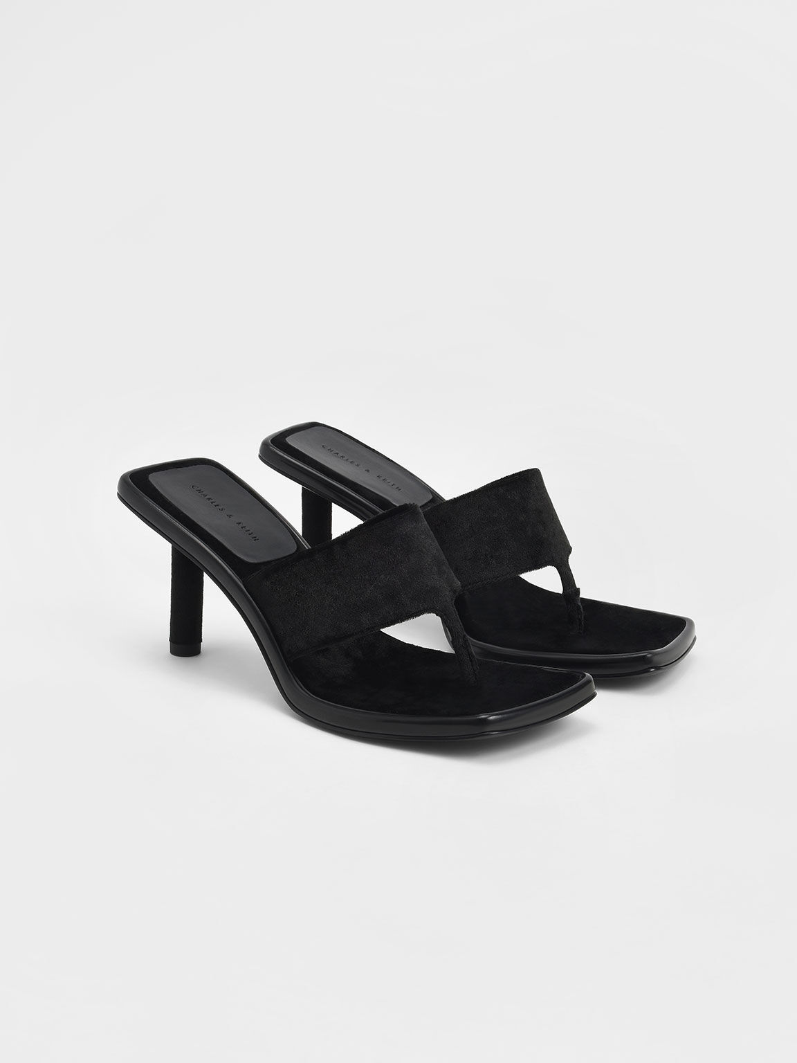 Etta Velvet Heeled Thong Sandals​, Black, hi-res