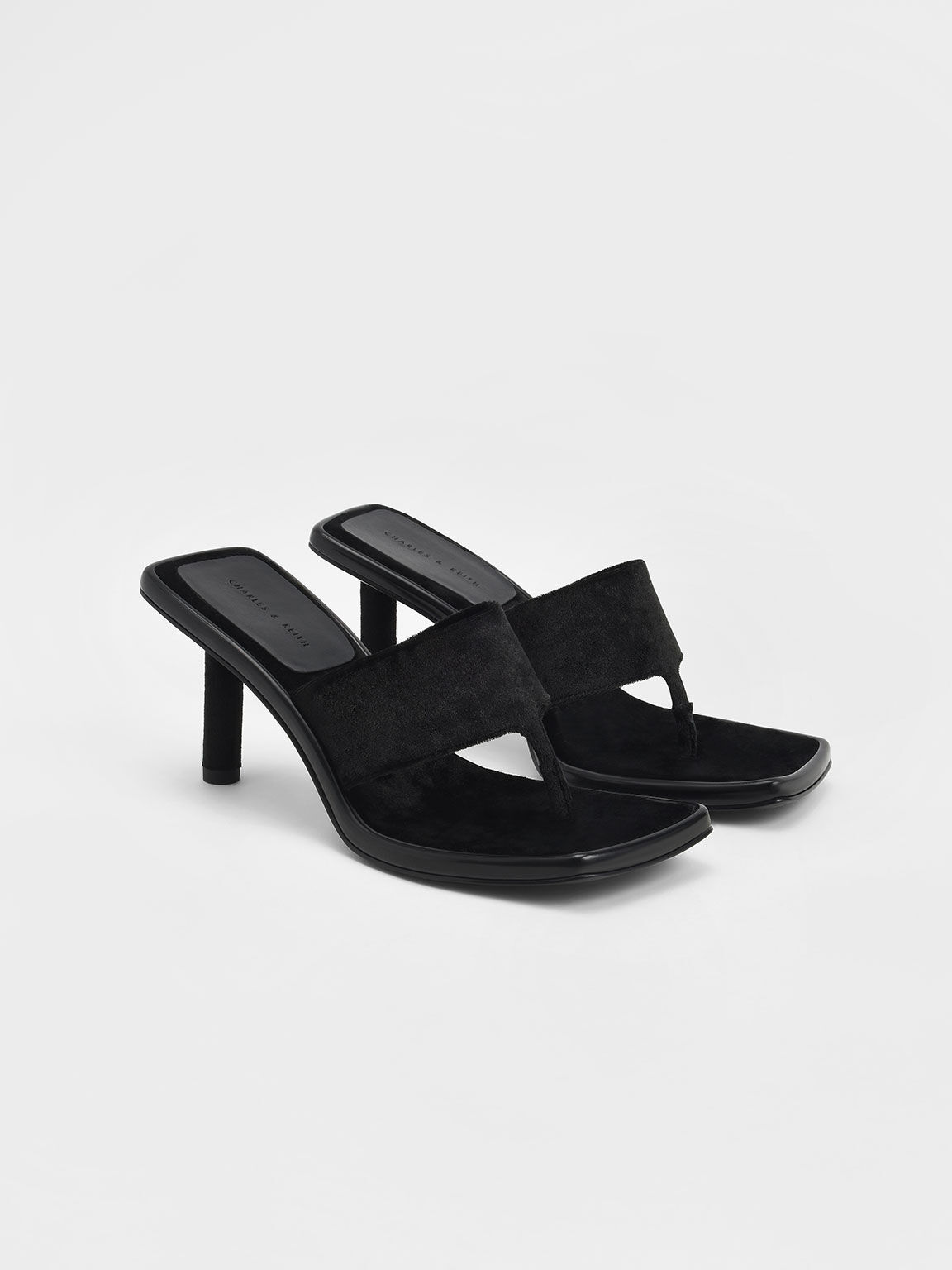 Holiday 2021 Collection: Etta Velvet Heeled Thong Sandals​, Black, hi-res