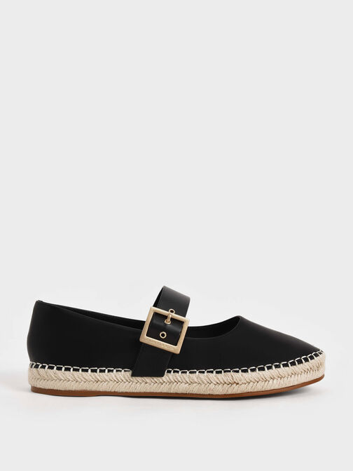 Buckled Espadrille Flats, Black, hi-res
