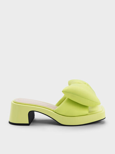 Puffy Bow Heeled Mules, Lime, hi-res