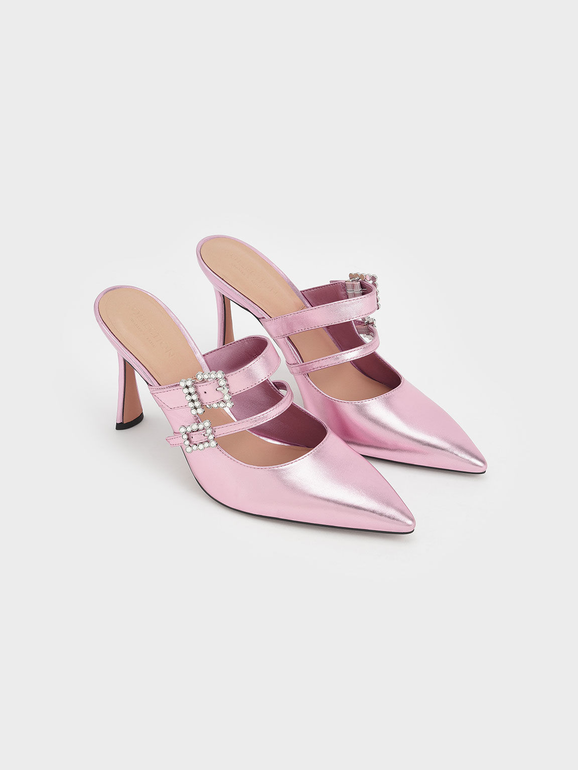 真皮寶石方釦穆勒鞋, 粉紅色, hi-res