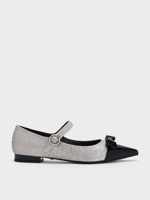 Leather Glittered Bow Mary Jane Flats, Silver, hi-res