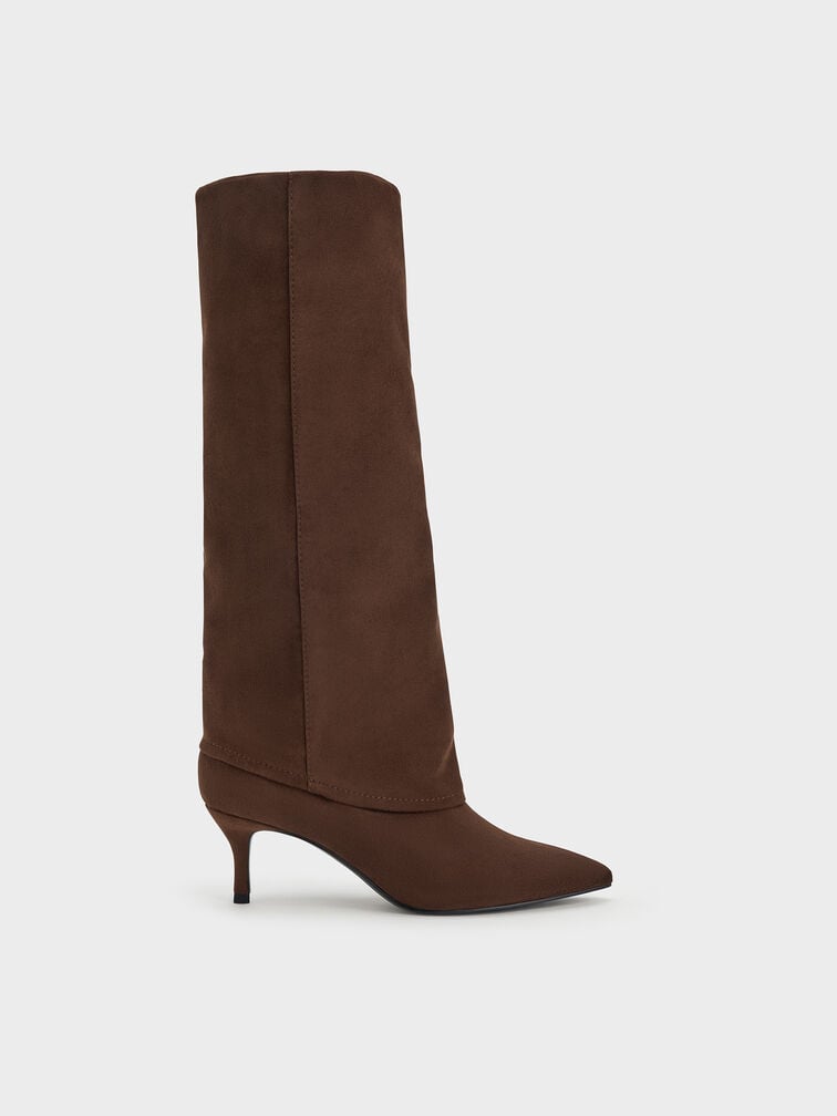 Faux Suede Pointed-Toe Stiletto-Heel Knee-High Boots, Dark Brown Textured, hi-res