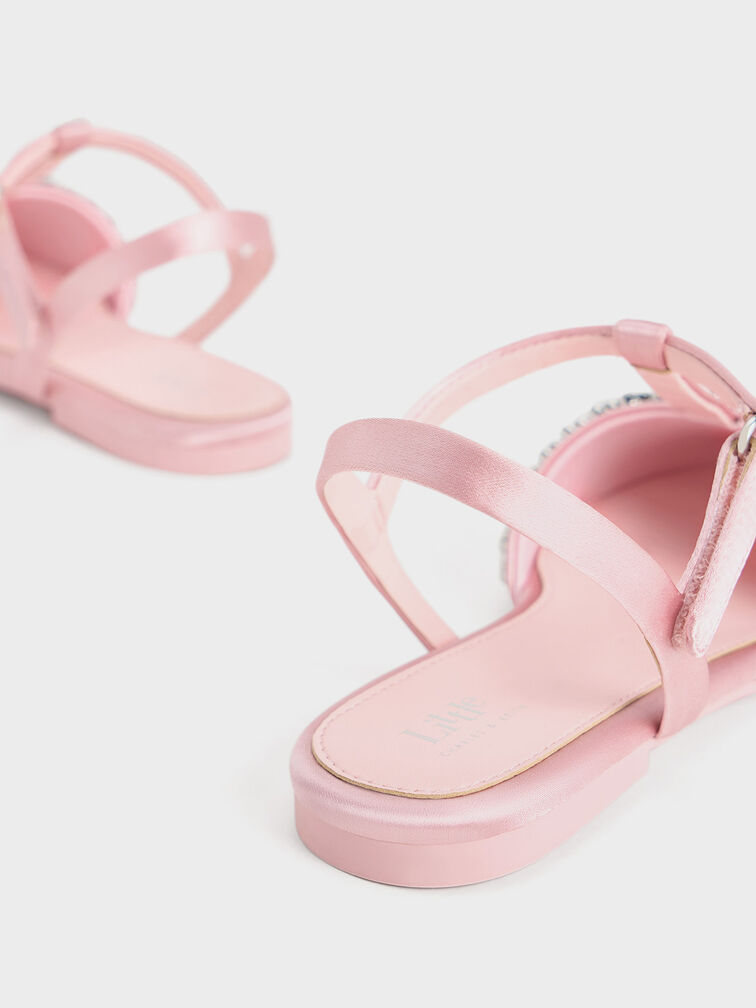 Zapatos planos de satín con tira T y pedrería para niña, Rosa, hi-res