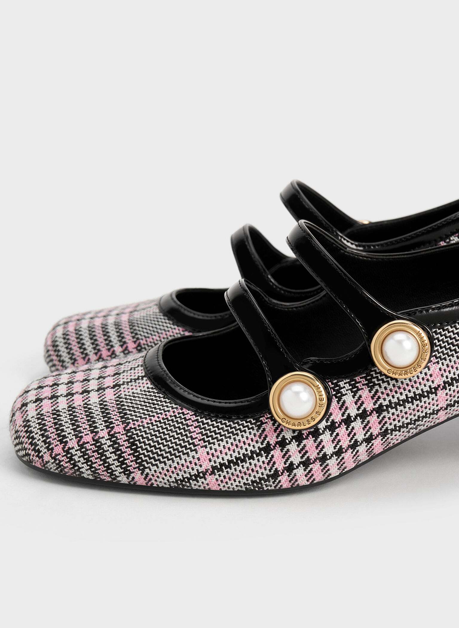 Plaid Pearl-Buckle Mary Jane Pumps, Pink, hi-res