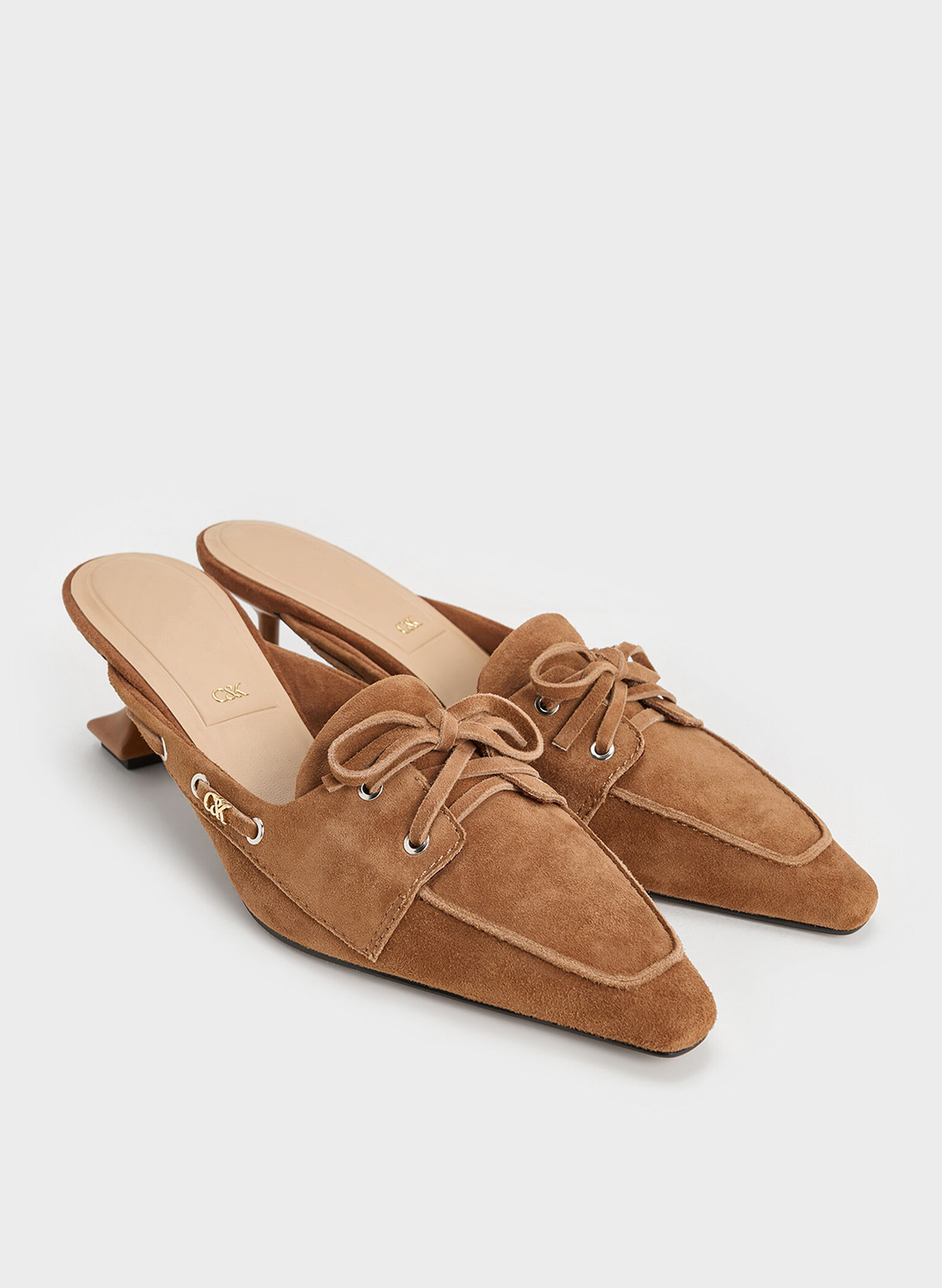 Kori Suede Lace-Up Sculptural-Heel Mules, Cognac, hi-res
