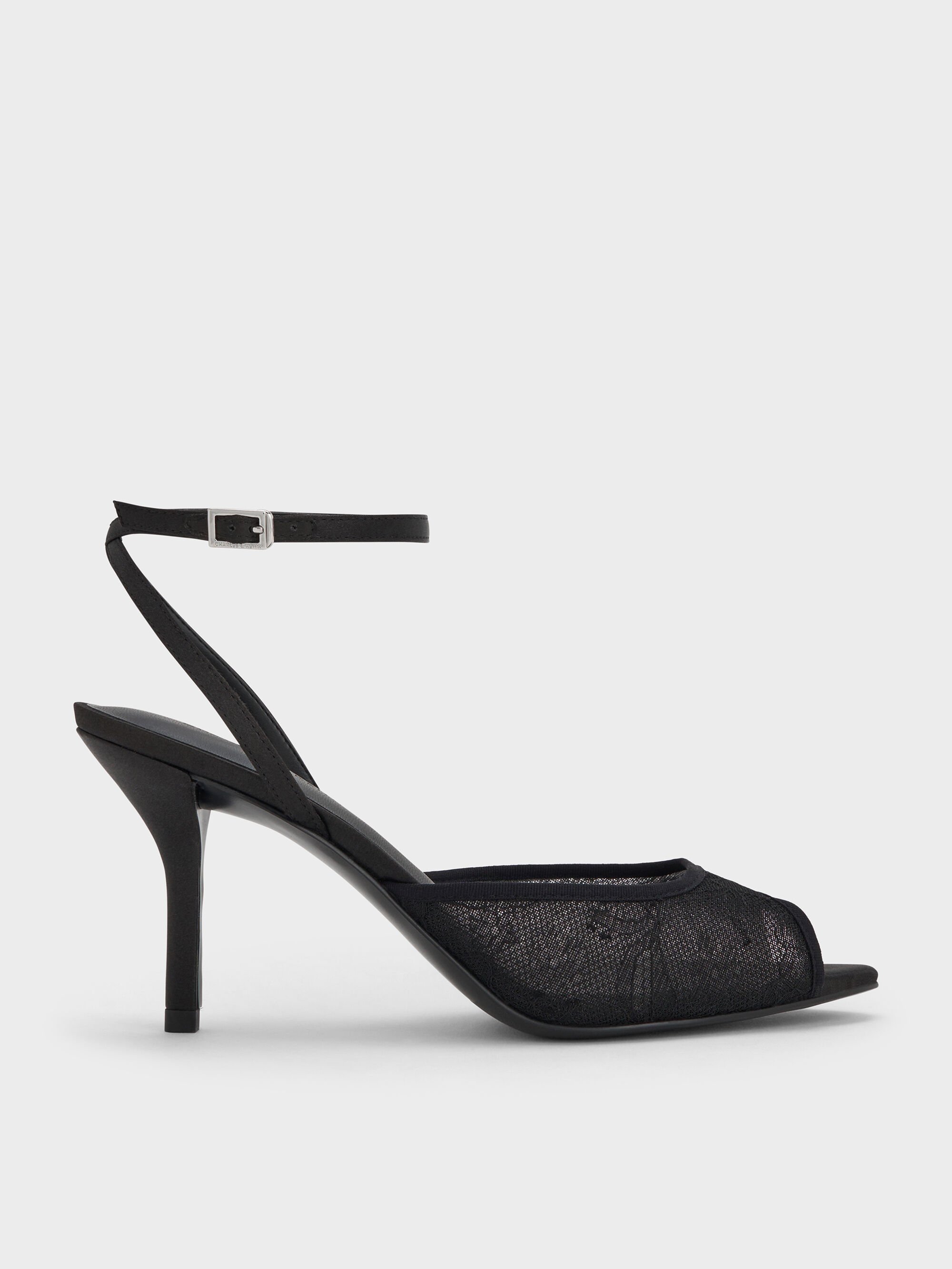 Black Textured Lace & Satin Peep-Toe Heels - Black Textured
