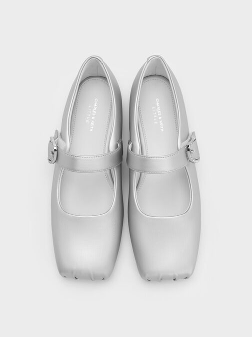 Girls' Pearlescent Crystal-Buckle Square-Toe Mary Jane Flats, Silver, hi-res