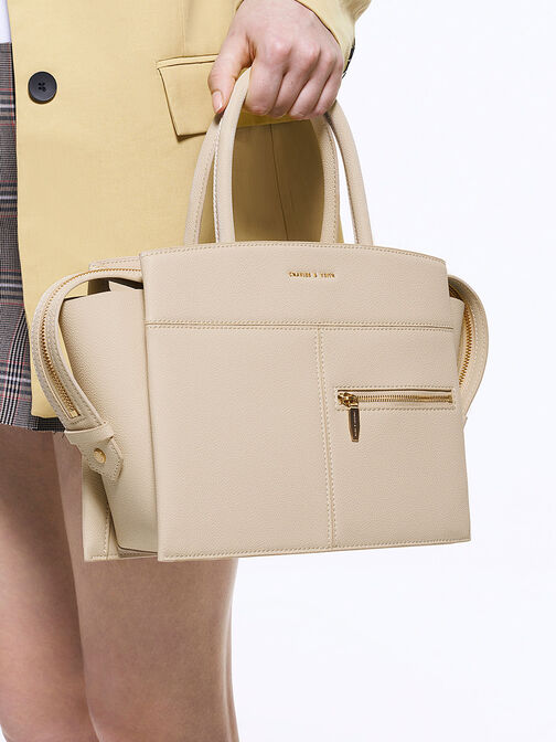 Anwen Trapeze Top Handle Bag, Beige, hi-res