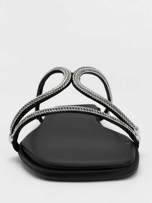 Satin Braided Strappy Sandals, Black Textured, hi-res