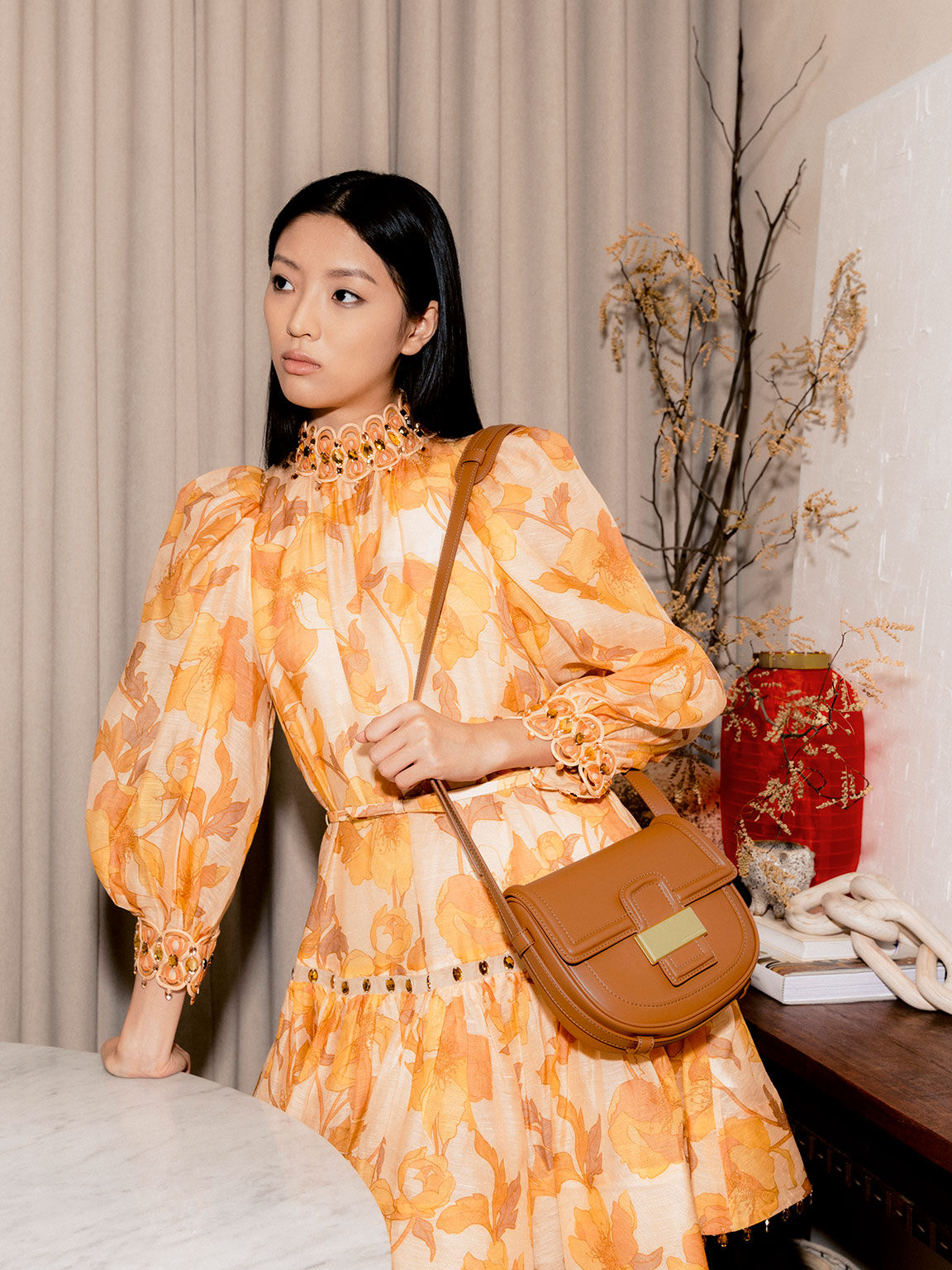 Aurea Metallic-Accent Saddle Crossbody Bag, Cognac, hi-res